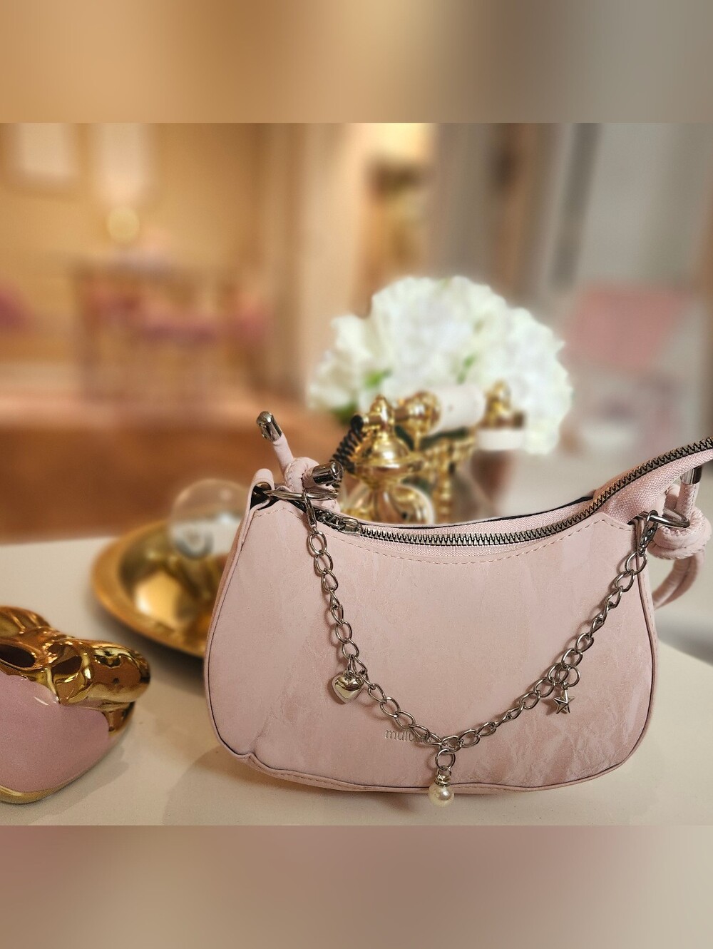 Pink Chain-Accent Shoulder Bag - Unbranded